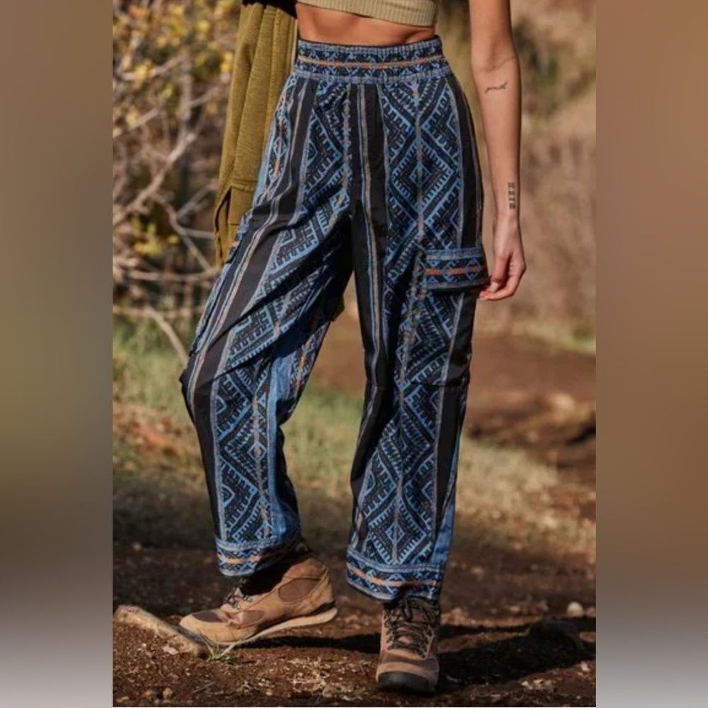 FP Movement Visionary Printed Pants Medium Blue Combo Cargo Straight Leg NWOT